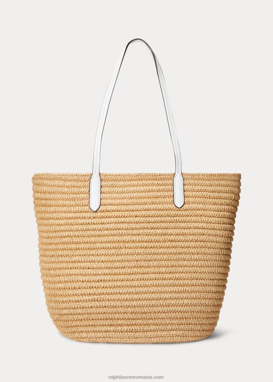 natural/alb femei Ralph Lauren geantă tote mare de paie cu finisaje din piele 046885421
