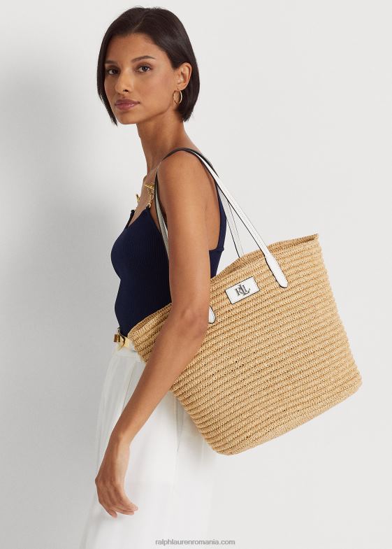 natural/alb femei Ralph Lauren geantă tote mare de paie cu finisaje din piele 046885421