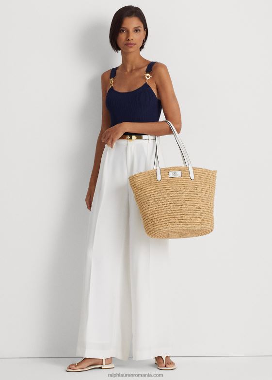 natural/alb femei Ralph Lauren geantă tote mare de paie cu finisaje din piele 046885421