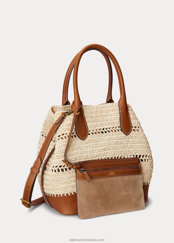 natural/cuoio femei Ralph Lauren Geanta tip bellport mediu din piele de rafie 046885197