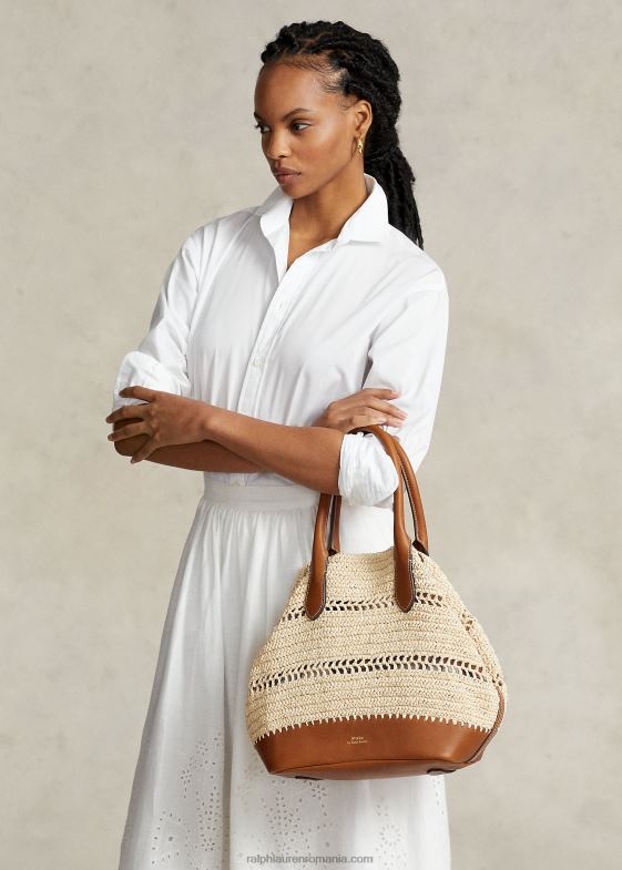 natural/cuoio femei Ralph Lauren Geanta tip bellport mediu din piele de rafie 046885197