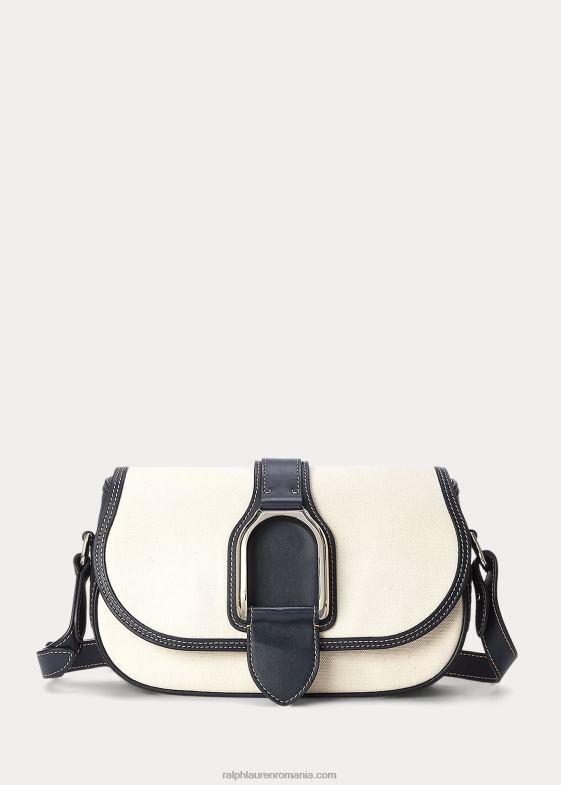 natural/marin femei Ralph Lauren geantă de umăr din pânză și piele de vițel 046885274