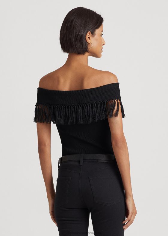 negru femei Ralph Lauren top cu franjuri de pe umeri 046884361