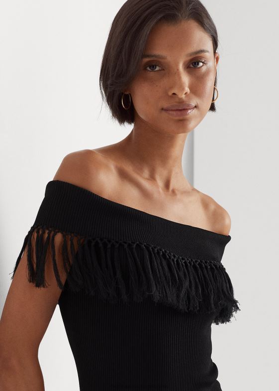 negru femei Ralph Lauren top cu franjuri de pe umeri 046884361