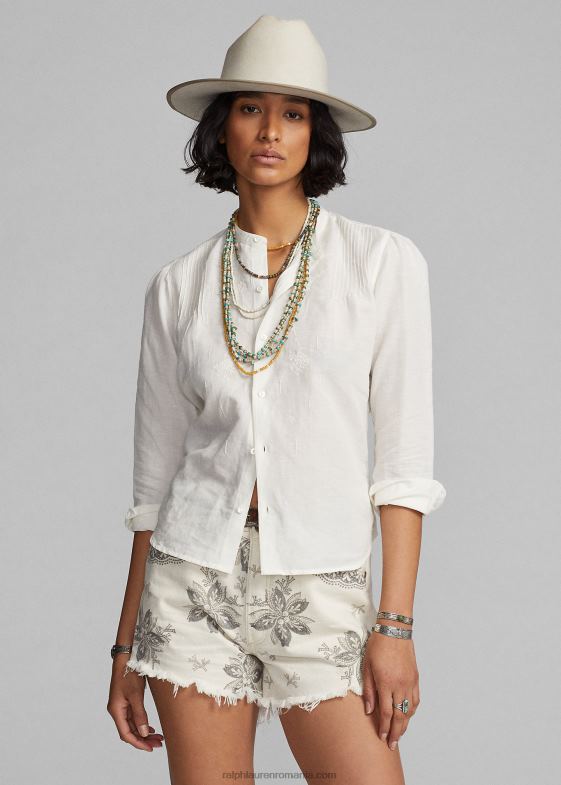 alb antic femei Ralph Lauren bluză de in-bumbac brodată 046883615