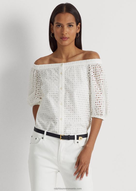 alb femei Ralph Lauren bluză din bumbac cu ochiuri fără umeri 046884366