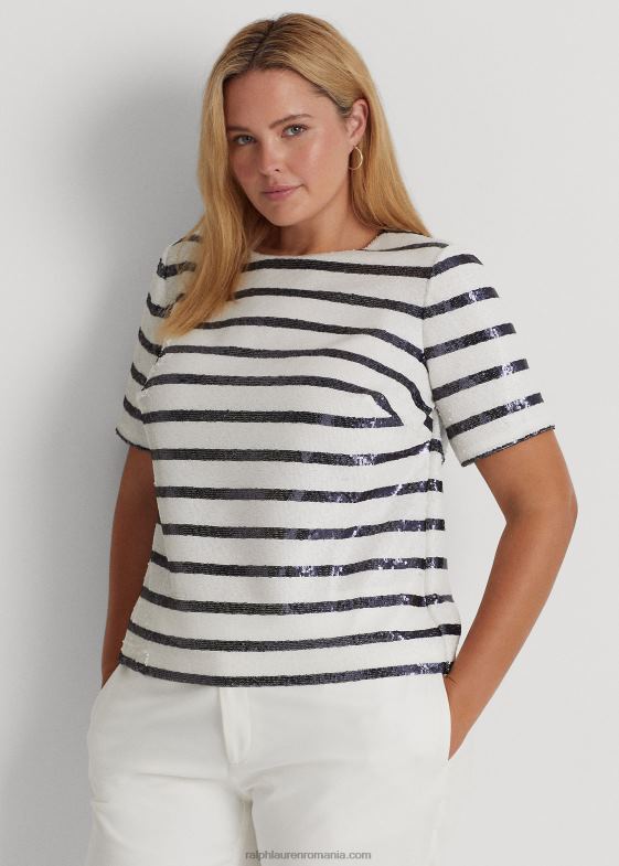 alb/marine rafinat femei Ralph Lauren bluză cu mânecă scurtă cu paiete în dungi 046884798