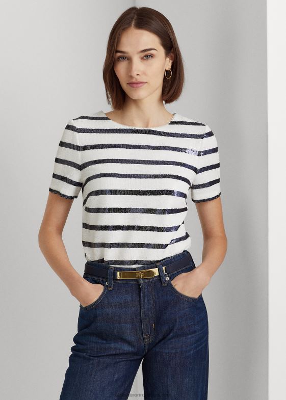 alb/marine rafinat femei Ralph Lauren bluză cu mânecă scurtă cu paiete în dungi 046884846