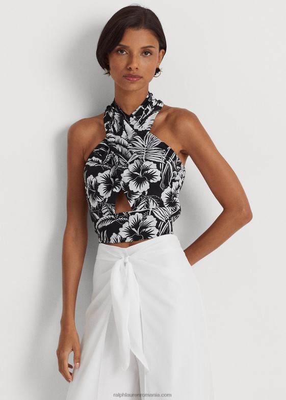 alb negru femei Ralph Lauren bluză cu halter decupată din crepon floral 046883871