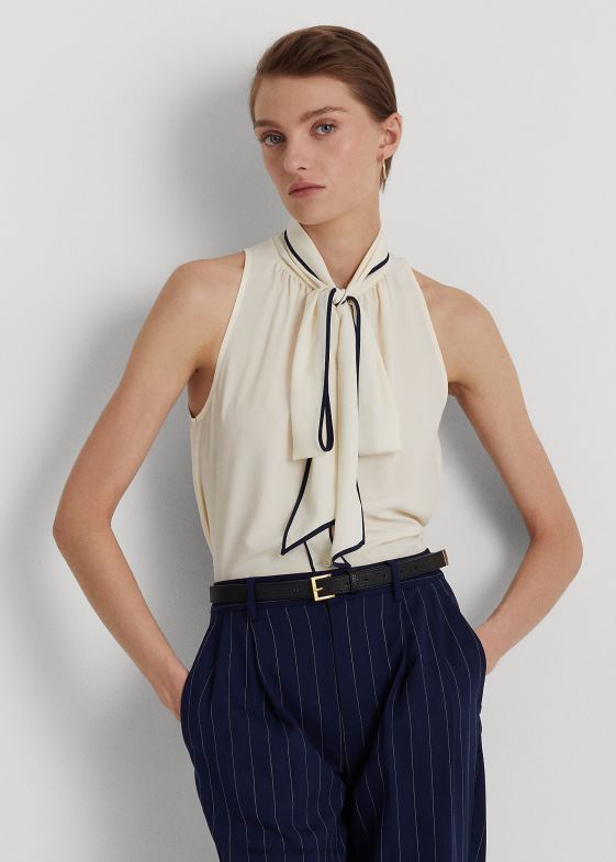 crema de mascarpone/marin femei Ralph Lauren bluză fără mâneci din crepon cu decolteu 046884068