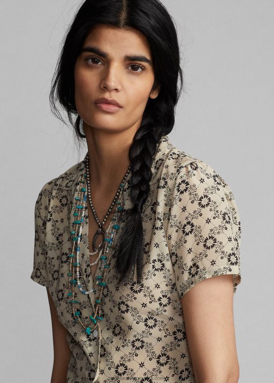 ecru/negru femei Ralph Lauren bluză din crepon de mătase florală 046883627