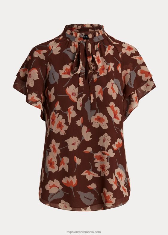 maro/portocaliu/crem femei Ralph Lauren bluză în georgette cu flori încrețite, cu decolteu cravată 046883804