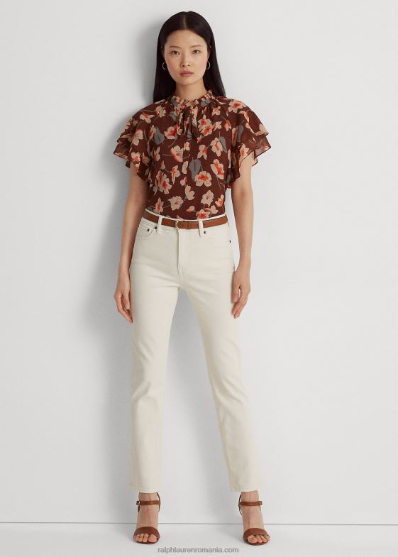 maro/portocaliu/crem femei Ralph Lauren bluză în georgette cu flori încrețite, cu decolteu cravată 046883804