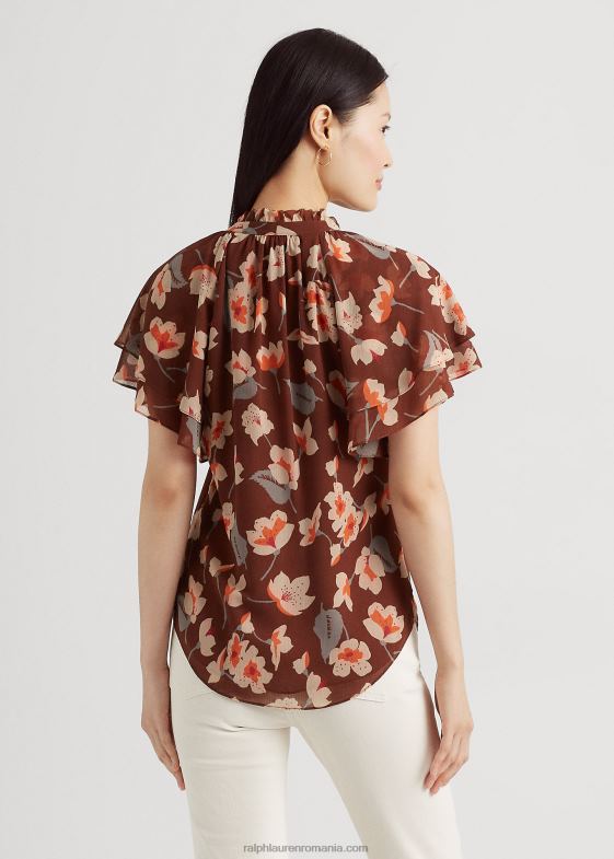 maro/portocaliu/crem femei Ralph Lauren bluză în georgette cu flori încrețite, cu decolteu cravată 046883804