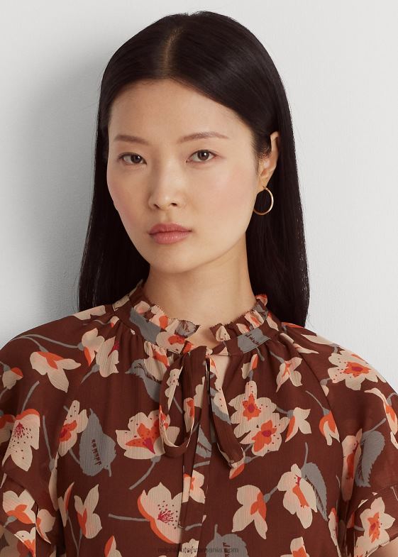 maro/portocaliu/crem femei Ralph Lauren bluză în georgette cu flori încrețite, cu decolteu cravată 046883804