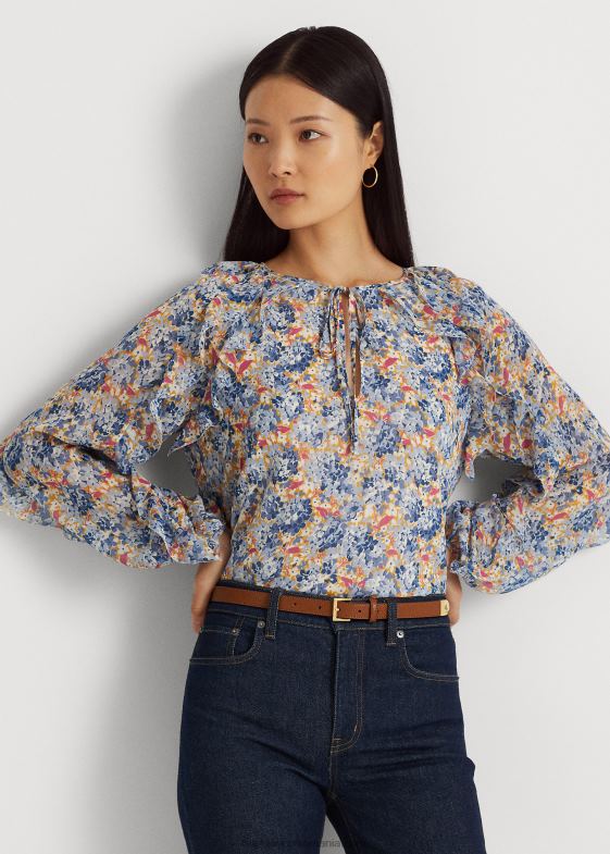 multi albastru/roz femei Ralph Lauren bluză în georgette cu flori încrețite, cu decolteu cravată 046883984