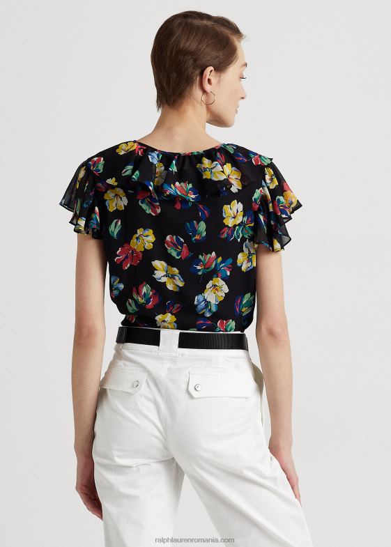 multi negru femei Ralph Lauren bluză din georgette cu volane florale 046883933