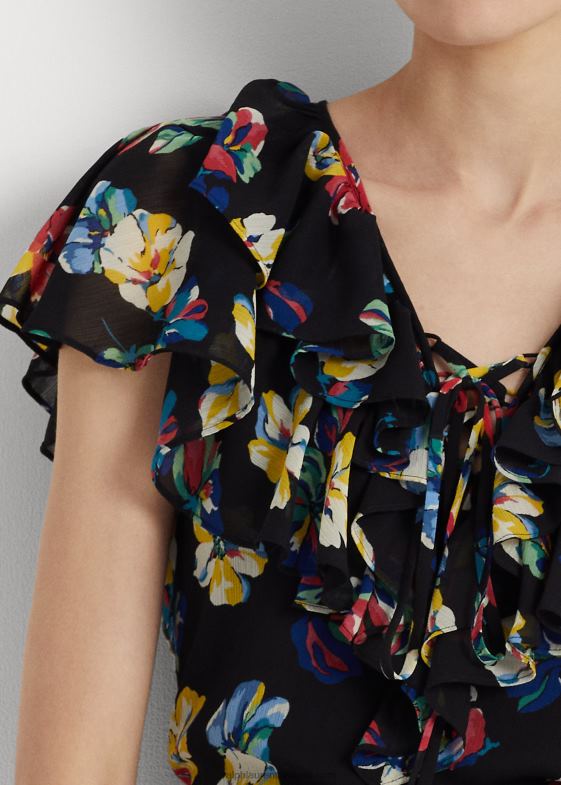 multi negru femei Ralph Lauren bluză din georgette cu volane florale 046883933