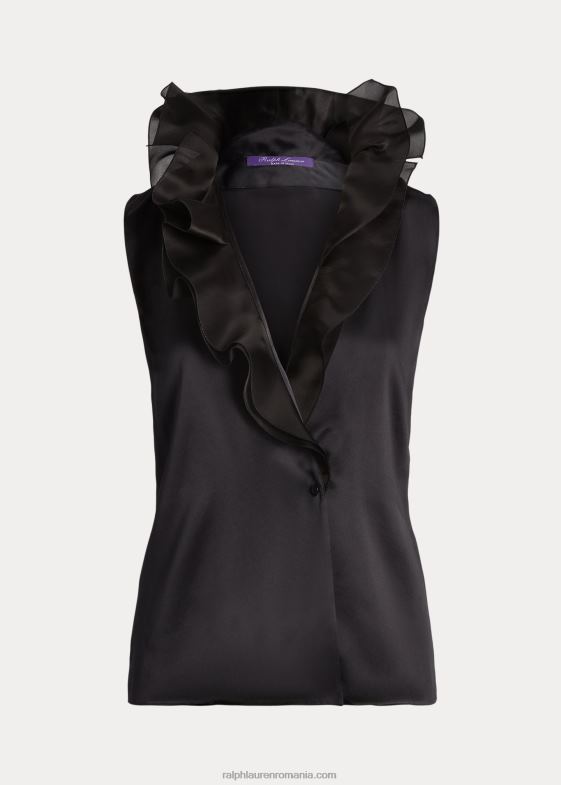 negru femei Ralph Lauren bluză de mătase carlynn cu volane 046883577