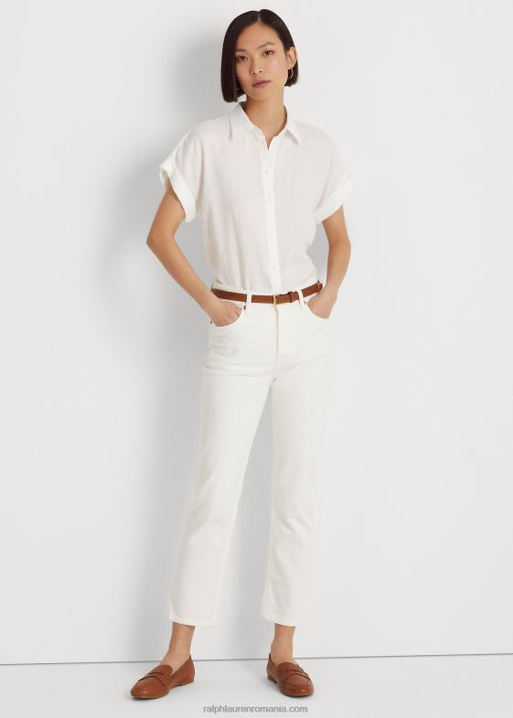 alb femei Ralph Lauren cămașă cu mânecă scurtă din in 046884285