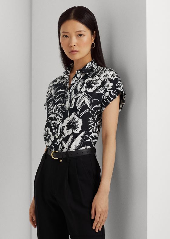 alb negru femei Ralph Lauren cămașă cu mânecă scurtă din in floral 046884363