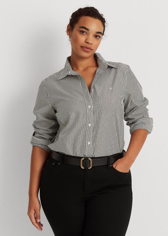 alb negru femei Ralph Lauren cămașă din bumbac cu dungi ușor de întreținut 046884726