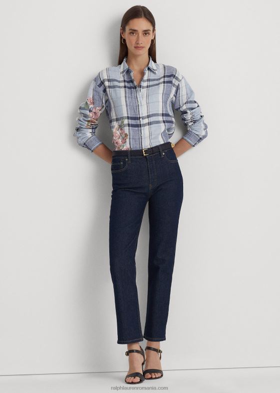 albastru alb femei Ralph Lauren cămașă din in floral și carouri 046889424