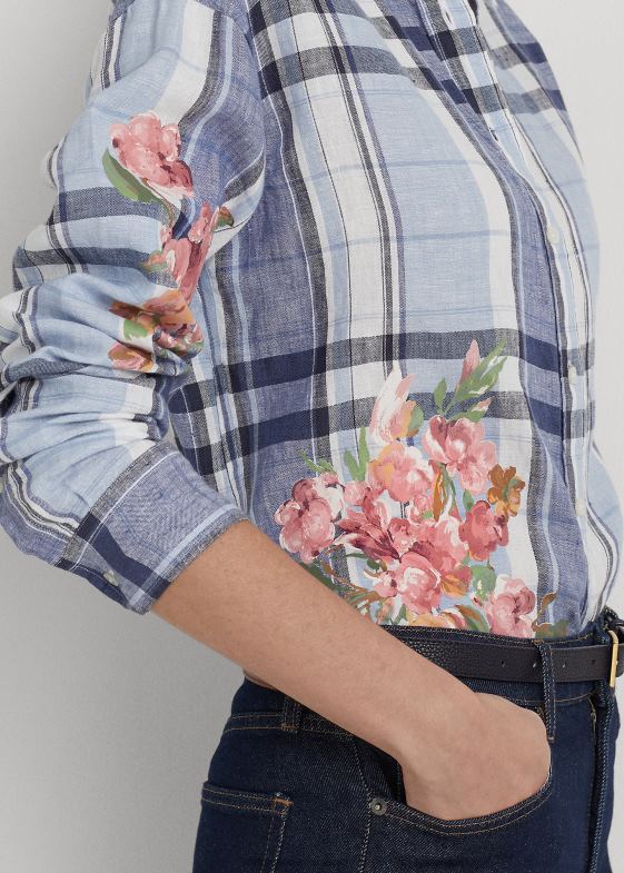 albastru alb femei Ralph Lauren cămașă din in floral și carouri 046889424