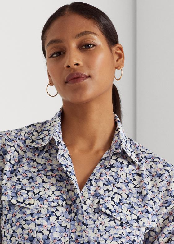 albastru/crem/roz femei Ralph Lauren cămașă din vel de bumbac floral 046883967