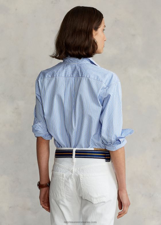 albastru mediu/alb femei Ralph Lauren cămașă din bumbac cu dungi relaxate 046883281