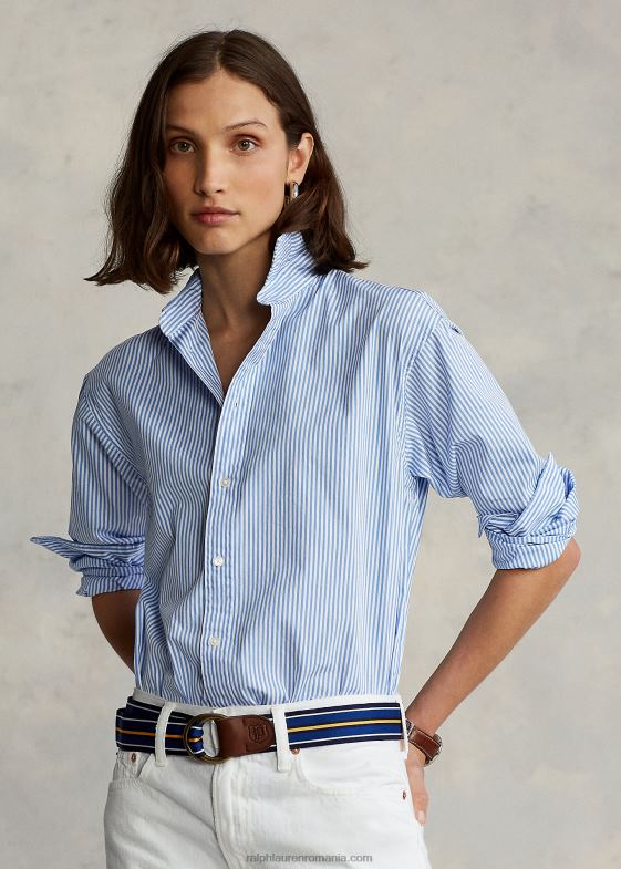 albastru mediu/alb femei Ralph Lauren cămașă din bumbac cu dungi relaxate 046883281
