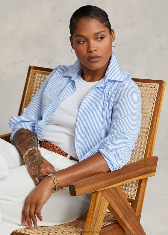 albastru mediu/alb femei Ralph Lauren cămașă din bumbac cu dungi relaxate 046883281