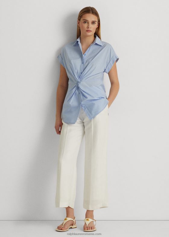 albastru pietriș femei Ralph Lauren cămașă cu mânecă scurtă din bumbac cu răsucire în față 046884067