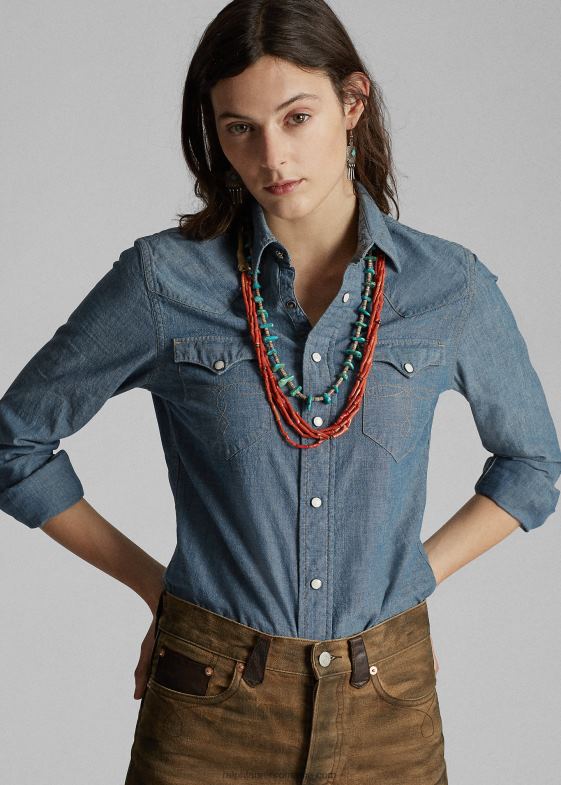 clătiți femei Ralph Lauren cămașă vestică indigo chambray 046883608