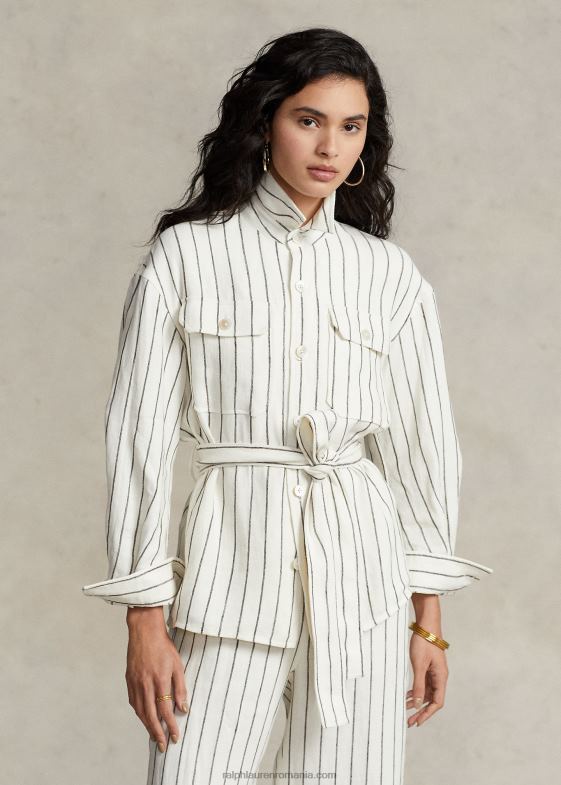 dungă crem/maro femei Ralph Lauren cămașă utilitare din in dungi cu curele 046883190