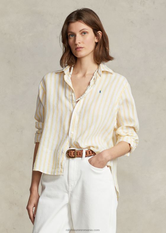 dungă galbenă femei Ralph Lauren cămașă oversize din in dungi 046883031