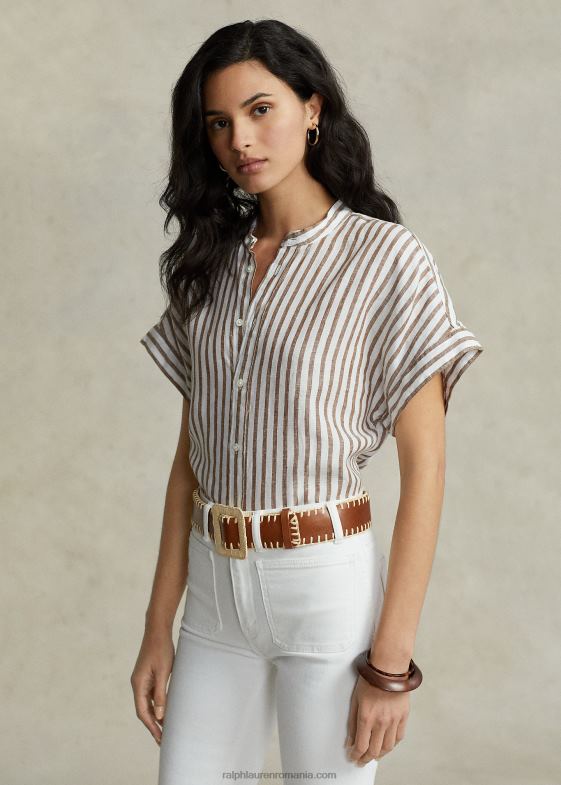 dungă maro/albă vânător femei Ralph Lauren cămașă cu mânecă scurtă din in 046882916