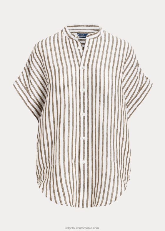 dungă maro/albă vânător femei Ralph Lauren cămașă cu mânecă scurtă din in 046882916