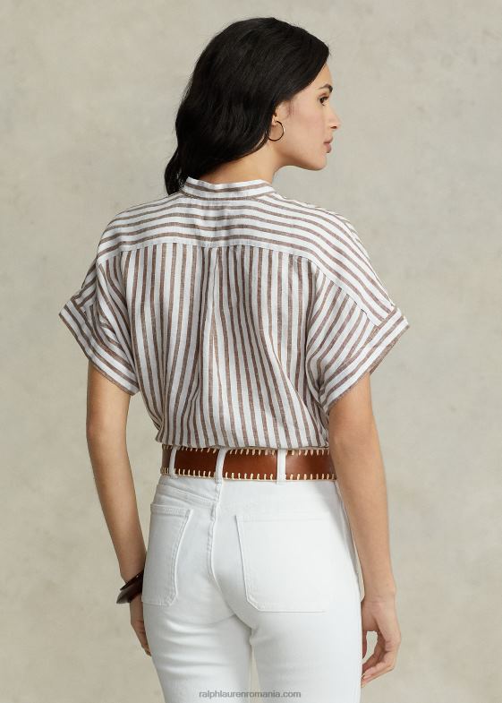 dungă maro/albă vânător femei Ralph Lauren cămașă cu mânecă scurtă din in 046882916