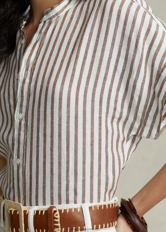 dungă maro/albă vânător femei Ralph Lauren cămașă cu mânecă scurtă din in 046882916