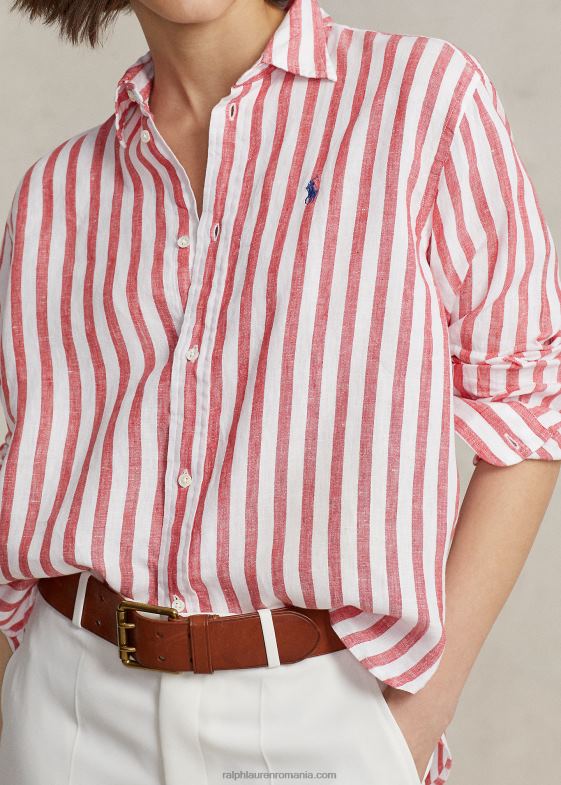 dungă roșie femei Ralph Lauren cămașă oversize din in dungi 046883032