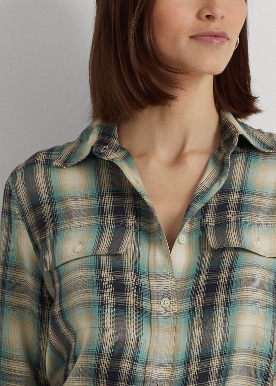 multi albastru/verde femei Ralph Lauren cămașă oversize din twill în carouri 046884881