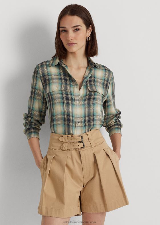 multi albastru/verde femei Ralph Lauren cămașă oversize din twill în carouri 046889523