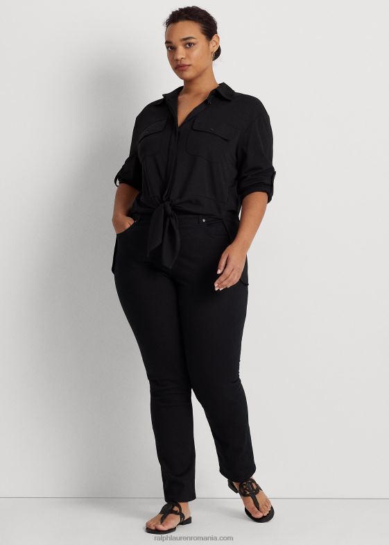 negru femei Ralph Lauren cămașă din jerse elastic cu cravată în față 046884960