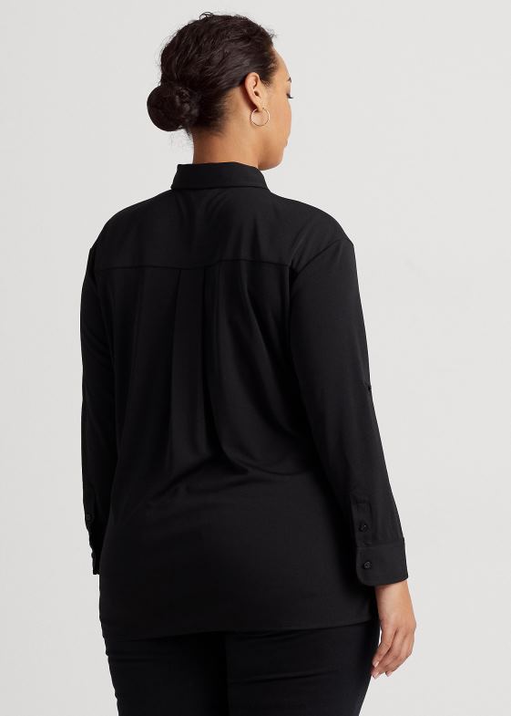 negru femei Ralph Lauren cămașă din jerse elastic cu cravată în față 046884960