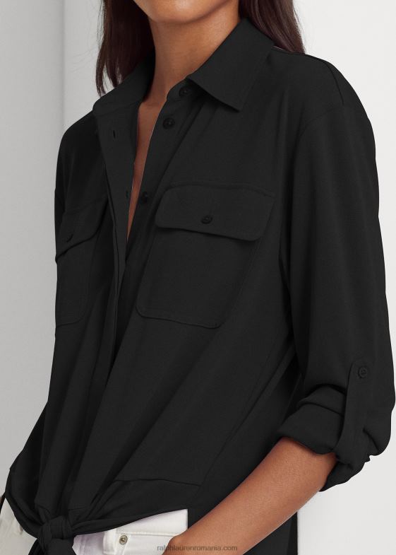 negru femei Ralph Lauren cămașă din jerse elastic cu cravată în față 046889505