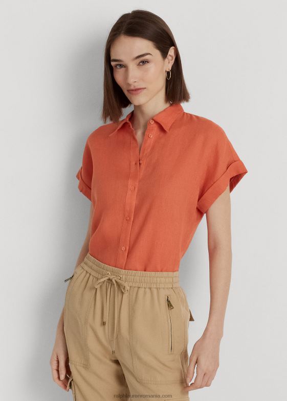 portocaliu canion femei Ralph Lauren cămașă cu mânecă scurtă din in 046884284