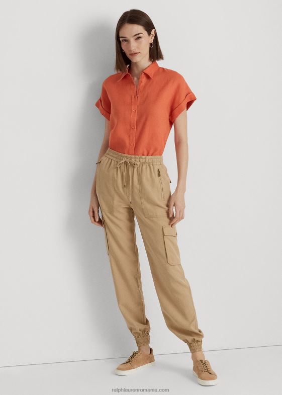 portocaliu canion femei Ralph Lauren cămașă cu mânecă scurtă din in 046884284