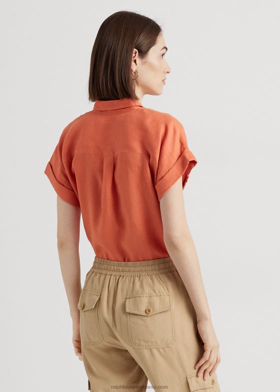 portocaliu canion femei Ralph Lauren cămașă cu mânecă scurtă din in 046884284