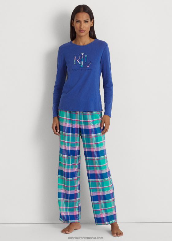 carouri albastre femei Ralph Lauren set de pijamale cu mâneci lungi în carouri 046889576